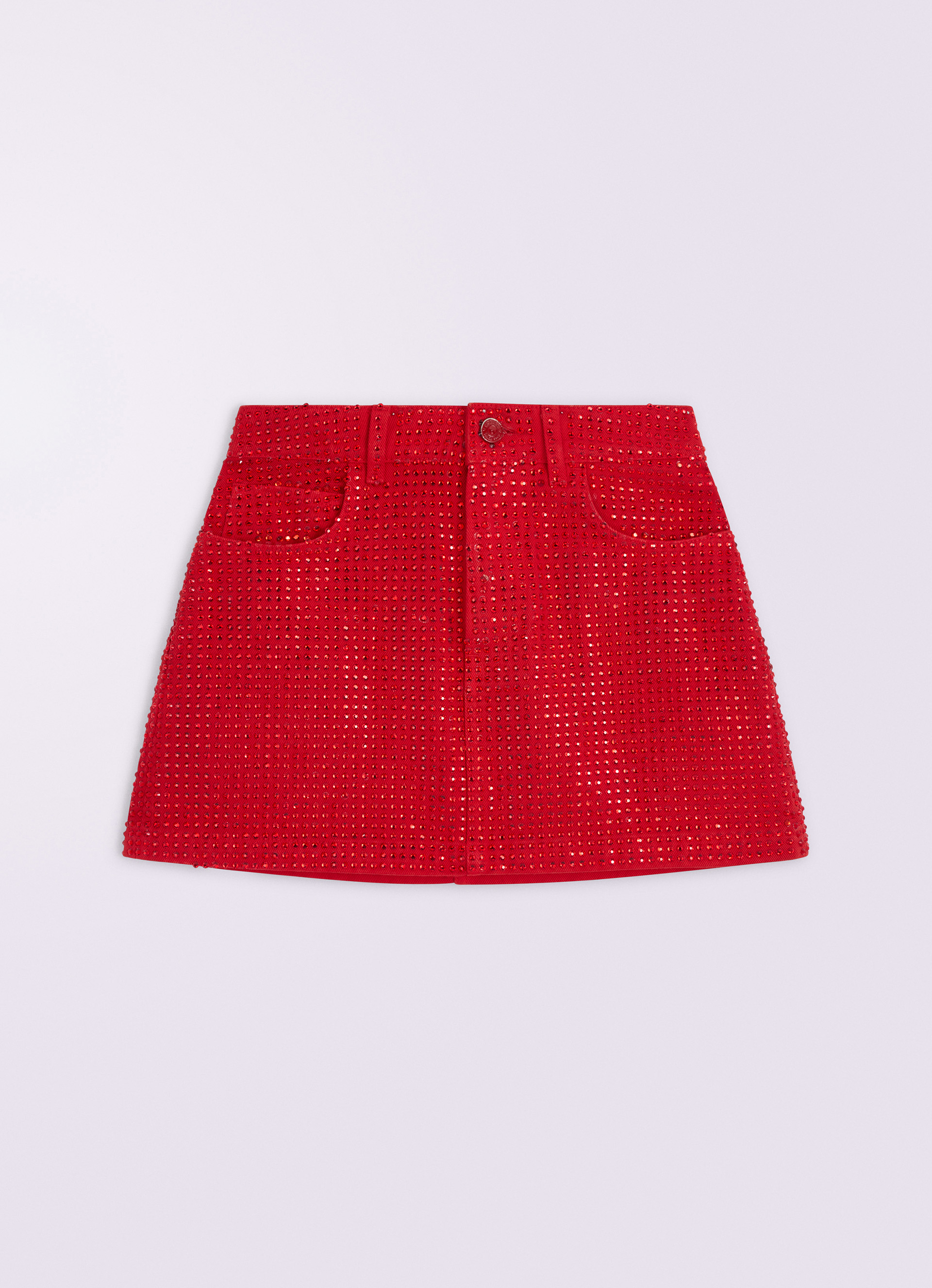 Rhinestone Denim Mini Skirt Red